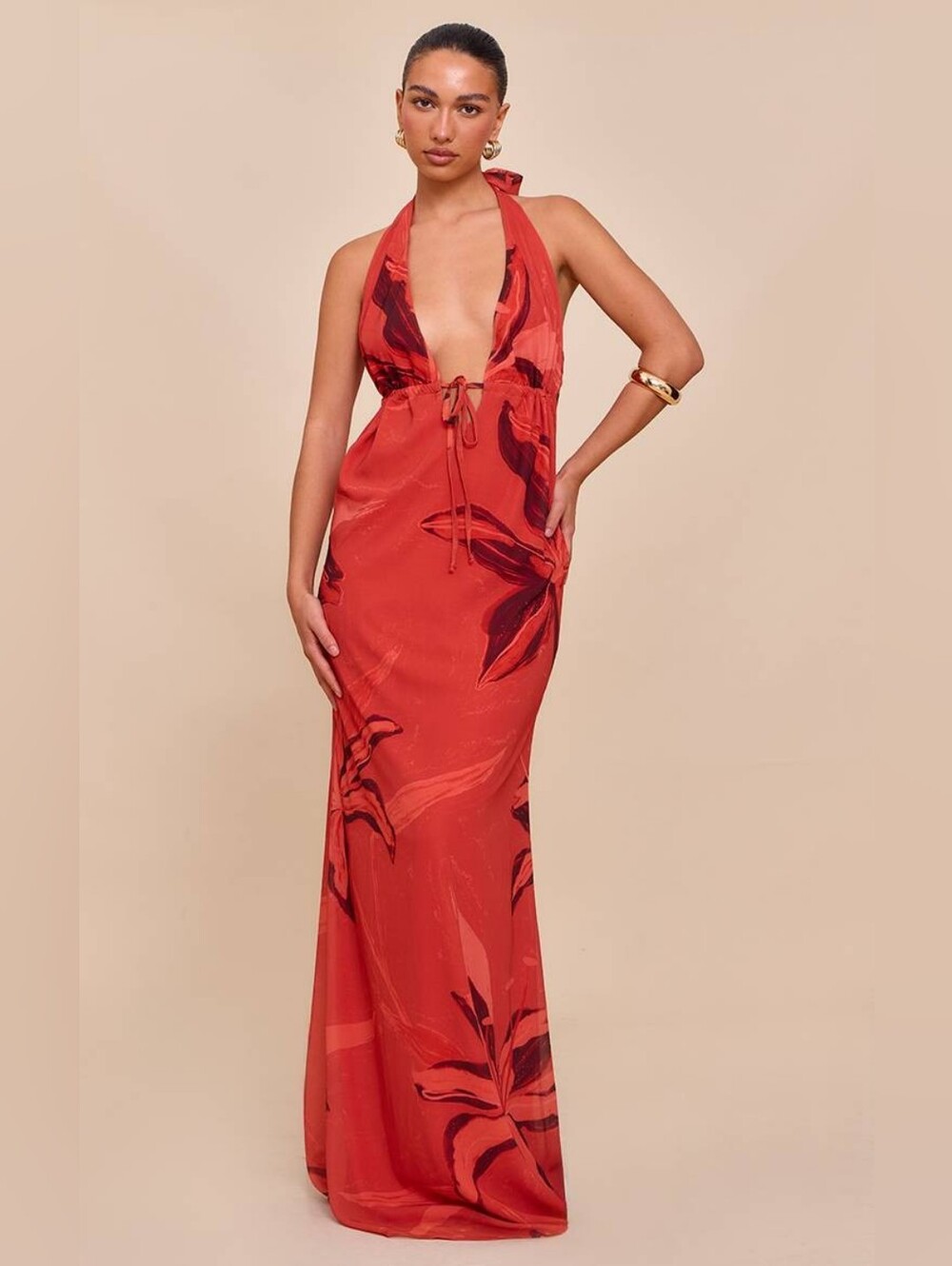 Rust Printed Plunge Tie Detail Maxi Dress Size 4